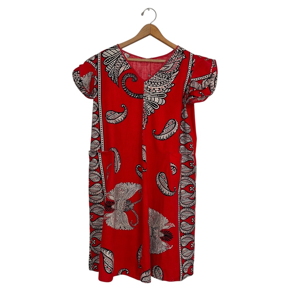 Leidirose Red Paisley Print Dress Short Sleeve Vintage Made in Philippines